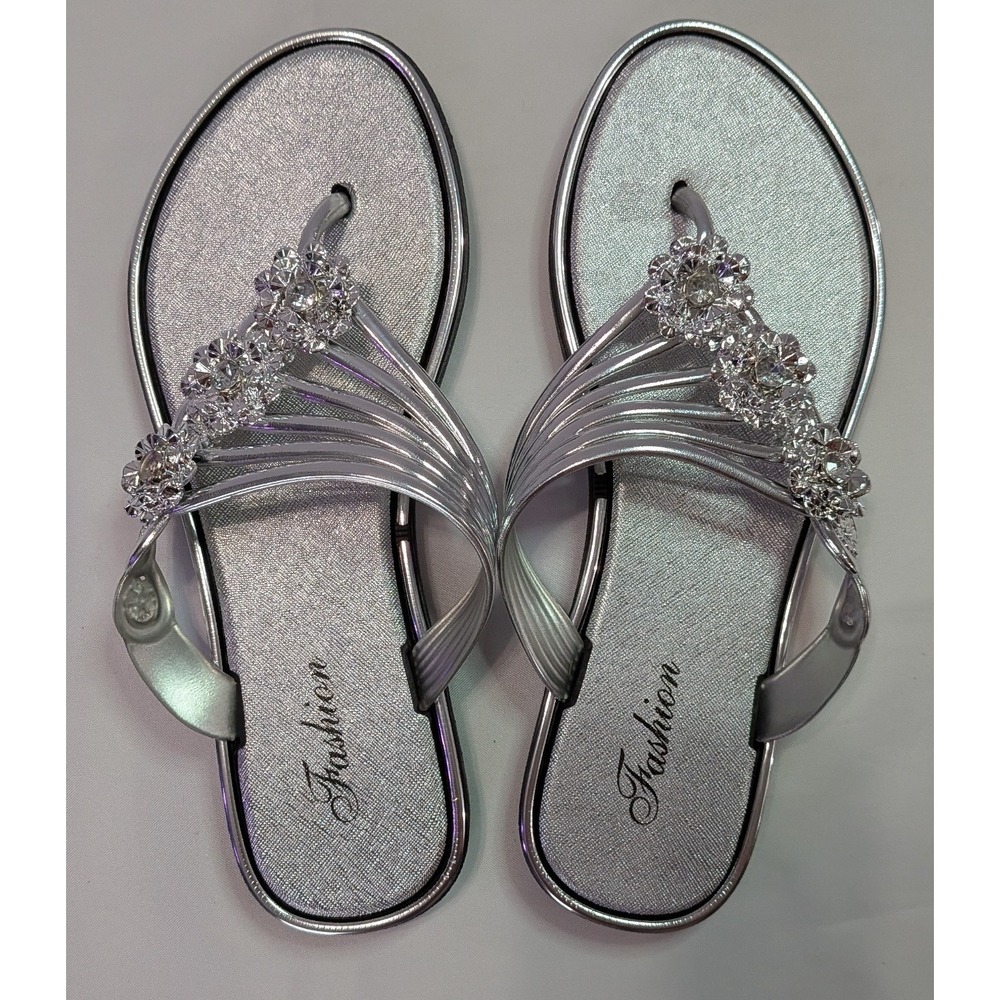 Fashion Thong Sandals Women Size 37 Silver Excellent Rhinestone Floral Flat Flip